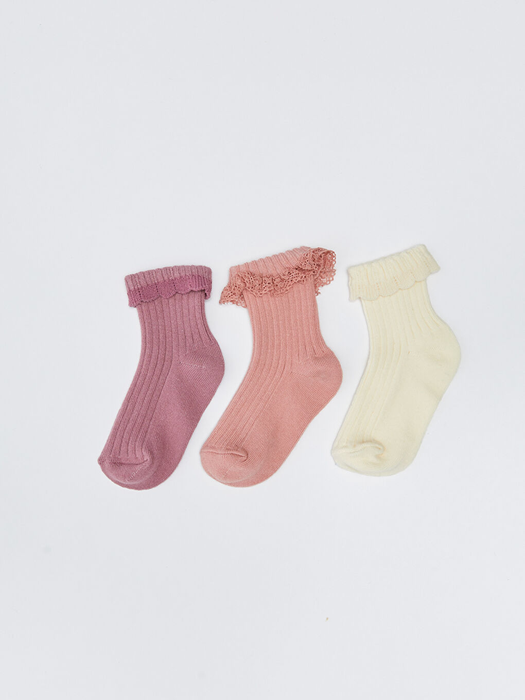 Pembe Kendinden Desenli Kız Bebek Soket Çorap 3'lü-3
