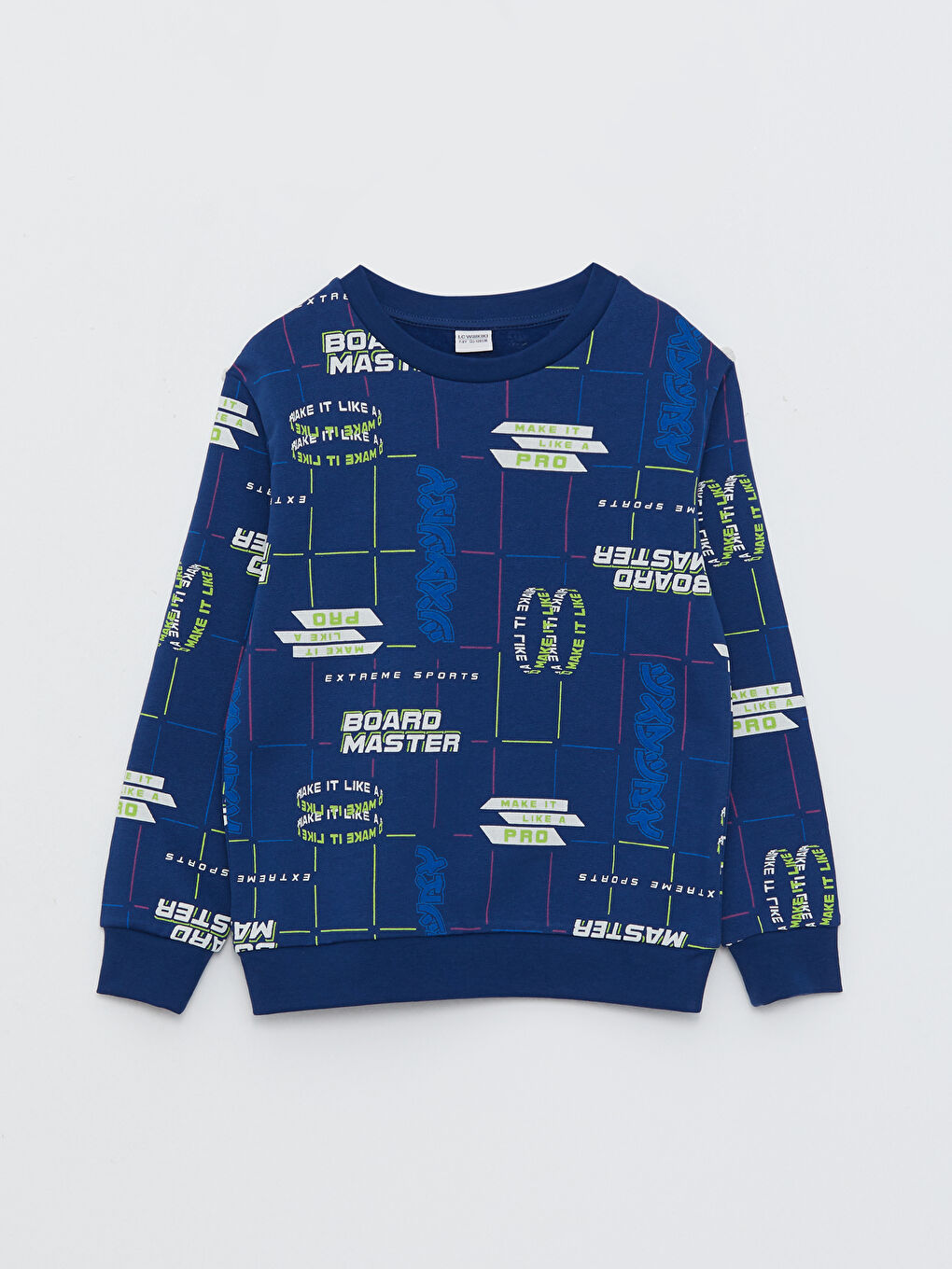 Lacivert Bisiklet Yaka Baskılı Uzun Kollu Erkek Çocuk Sweatshirt