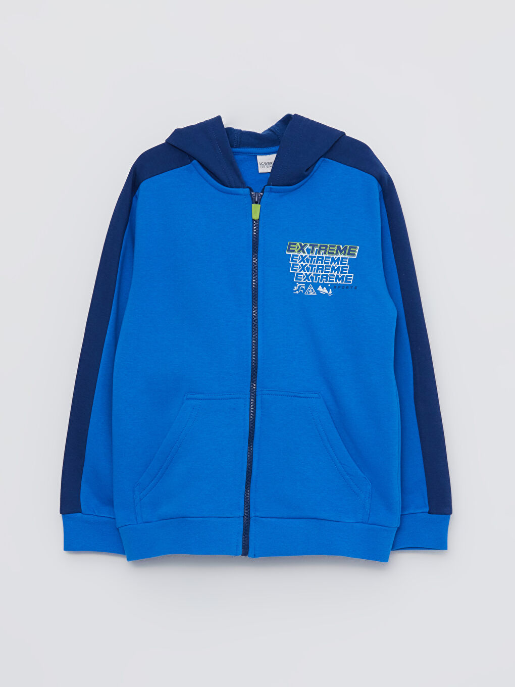 Mavi Kapüşonlu Baskılı Uzun Kollu Erkek Çocuk Fermuarlı Sweatshirt