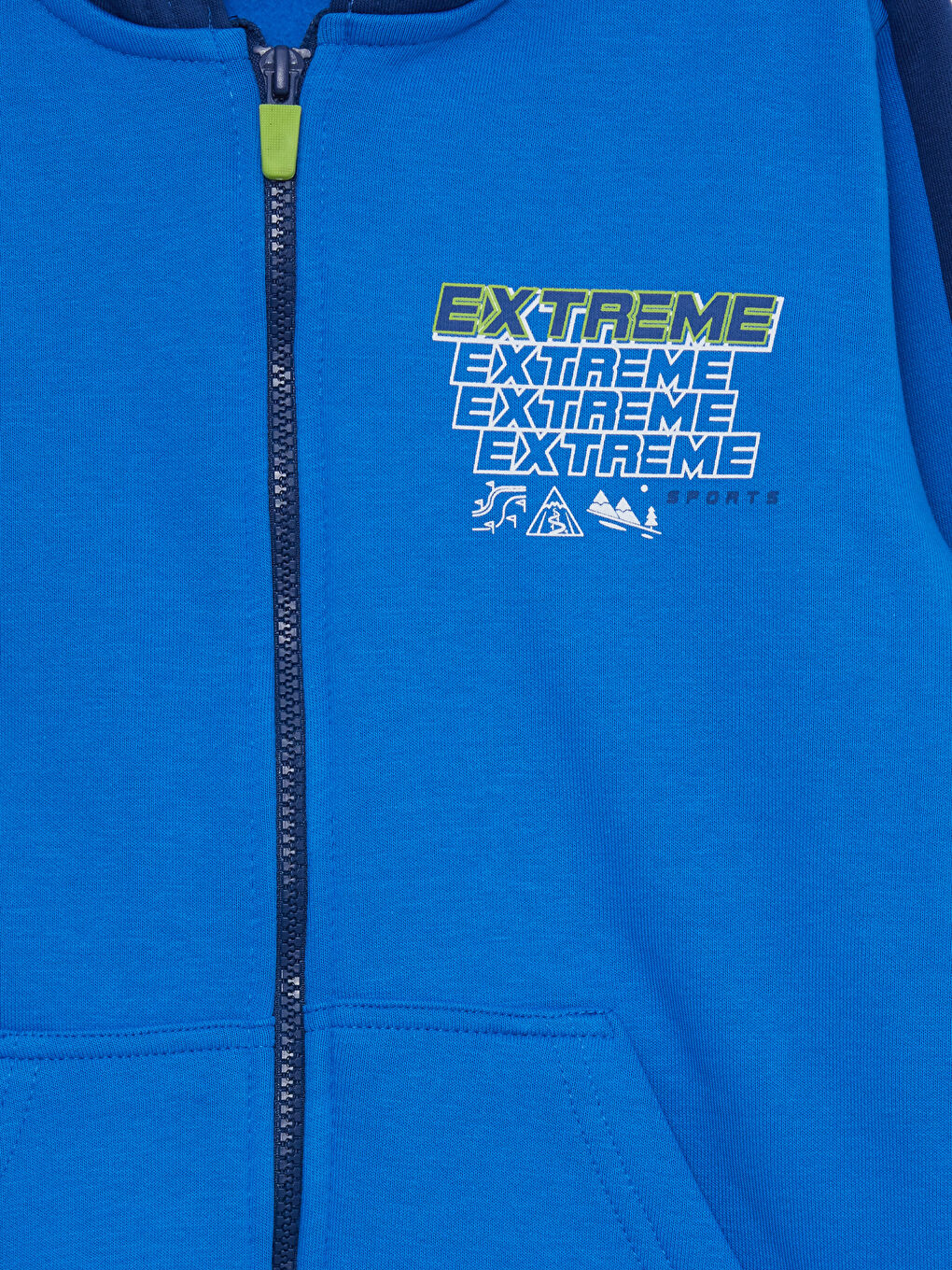 Mavi Kapüşonlu Baskılı Uzun Kollu Erkek Çocuk Fermuarlı Sweatshirt-1