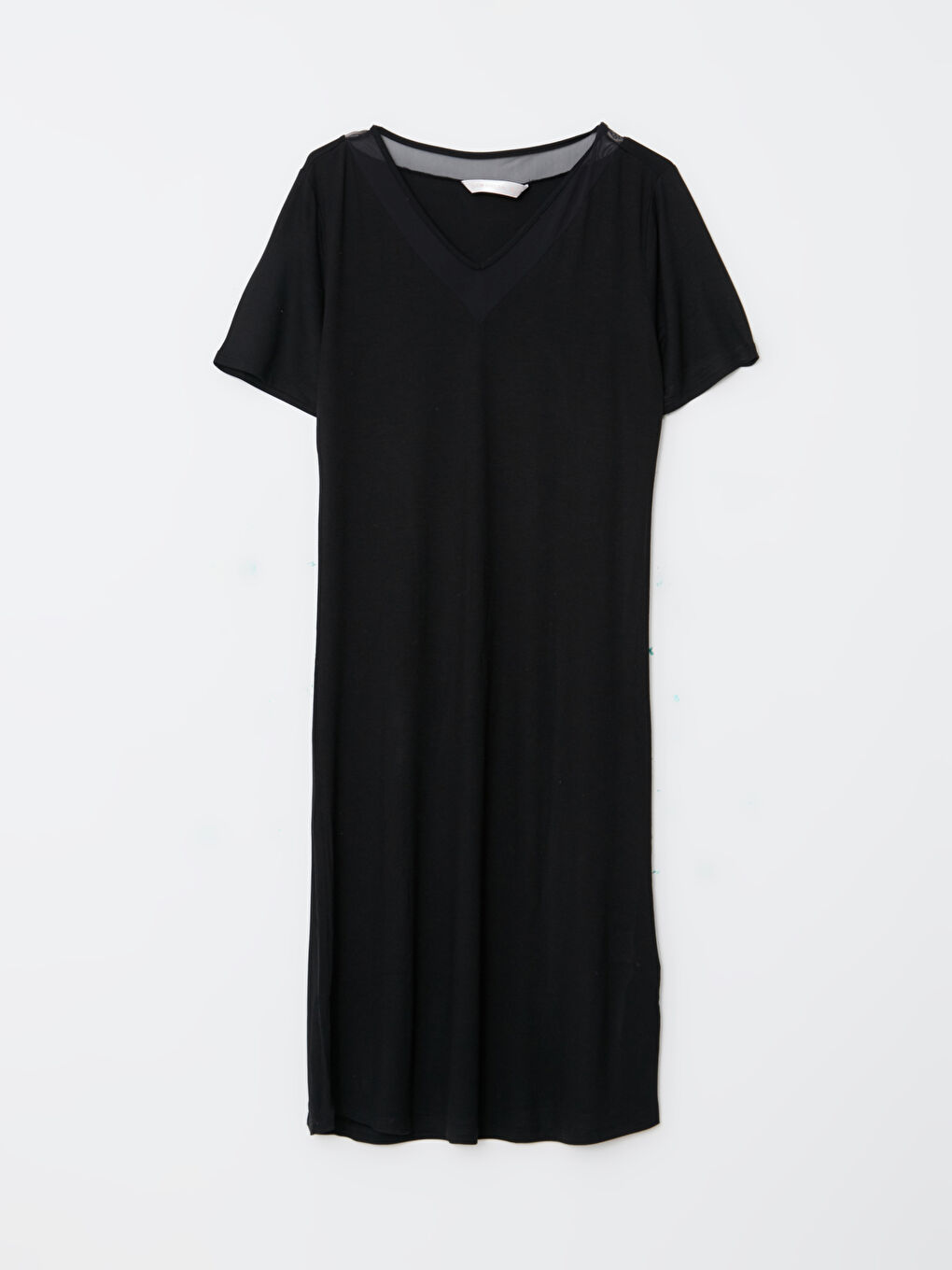 Siyah V Yaka Düz Kısa Kollu Kadın Gecelik-5