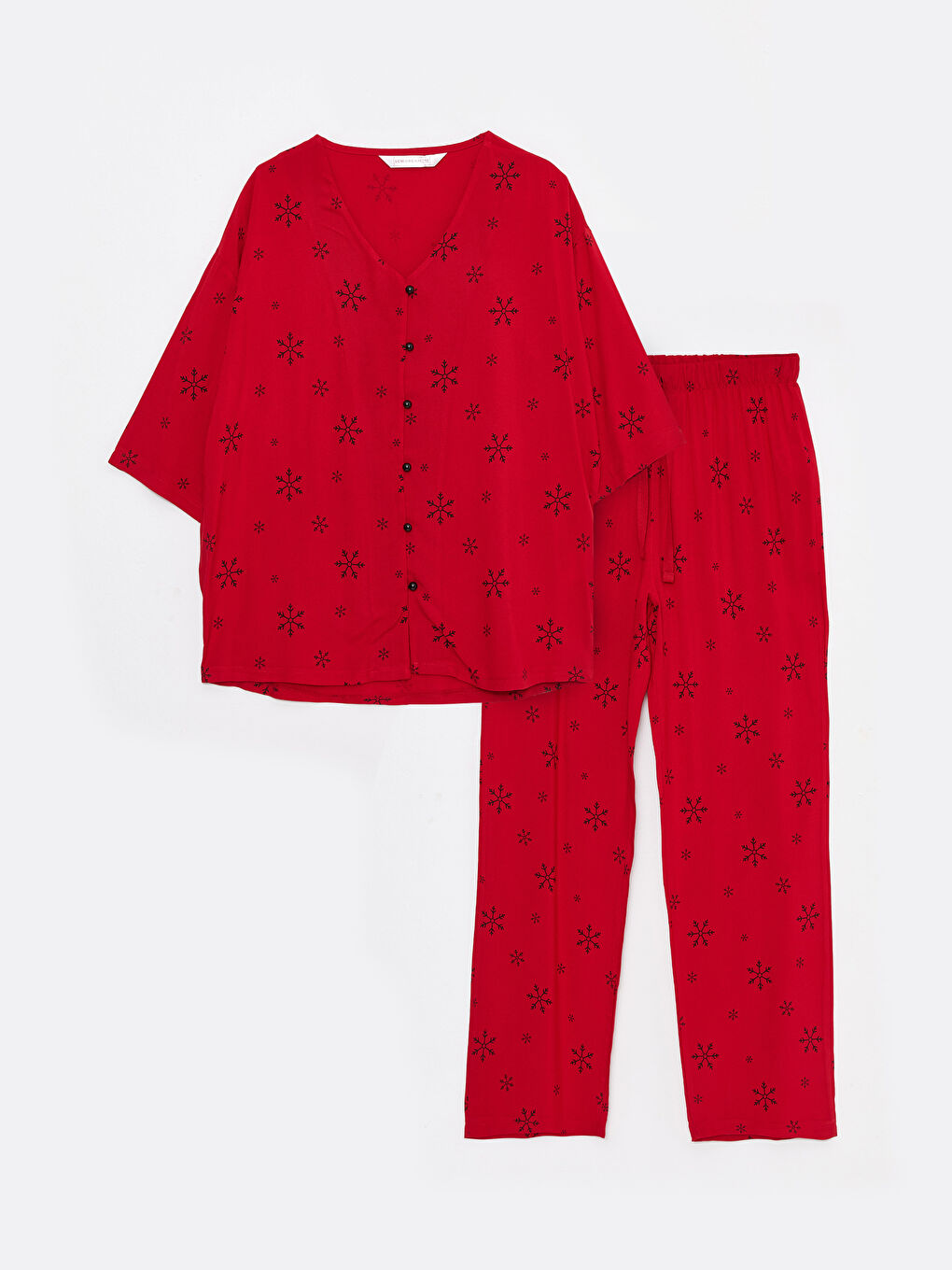 Kırmızı V Yaka Yılbaşı Temalı Viskon Kadın Pijama Takımı-5