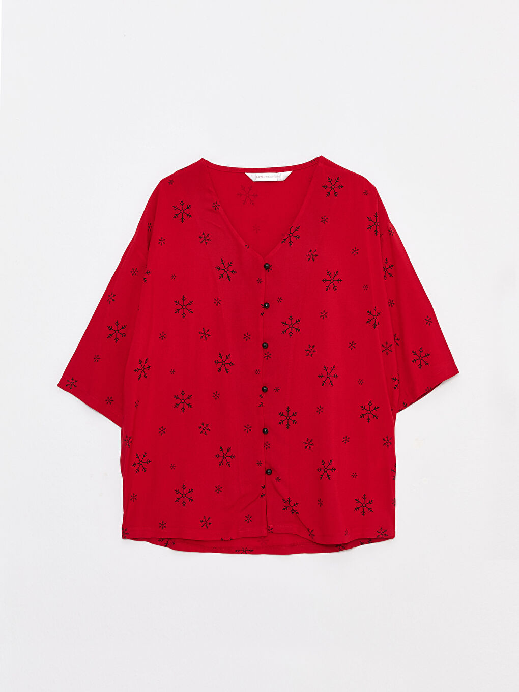 Kırmızı V Yaka Yılbaşı Temalı Viskon Kadın Pijama Takımı-6