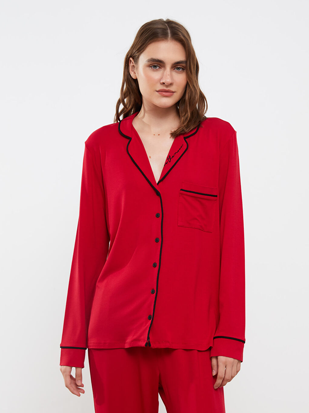 Kırmızı Yılbaşı Temalı Uzun Kollu Kadın Pijama Takımı-1