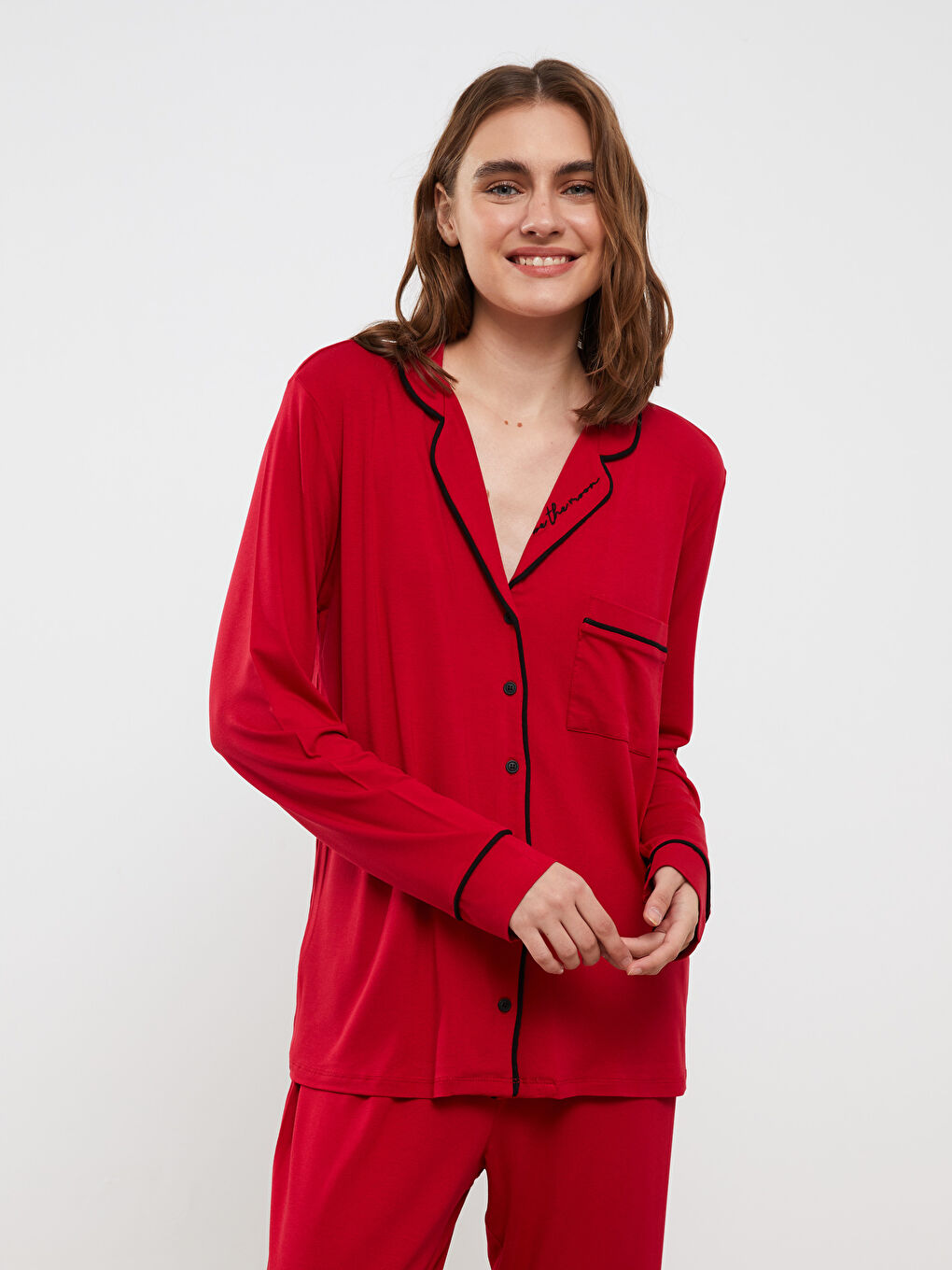 Kırmızı Yılbaşı Temalı Uzun Kollu Kadın Pijama Takımı-2