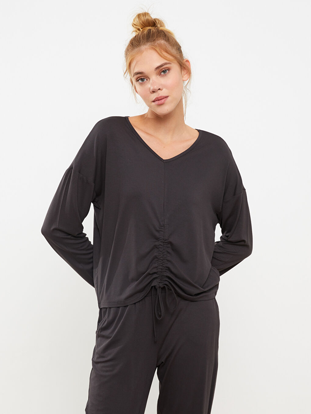 Antrasit V Yaka Düz Uzun Kollu Kadın Pijama Takımı