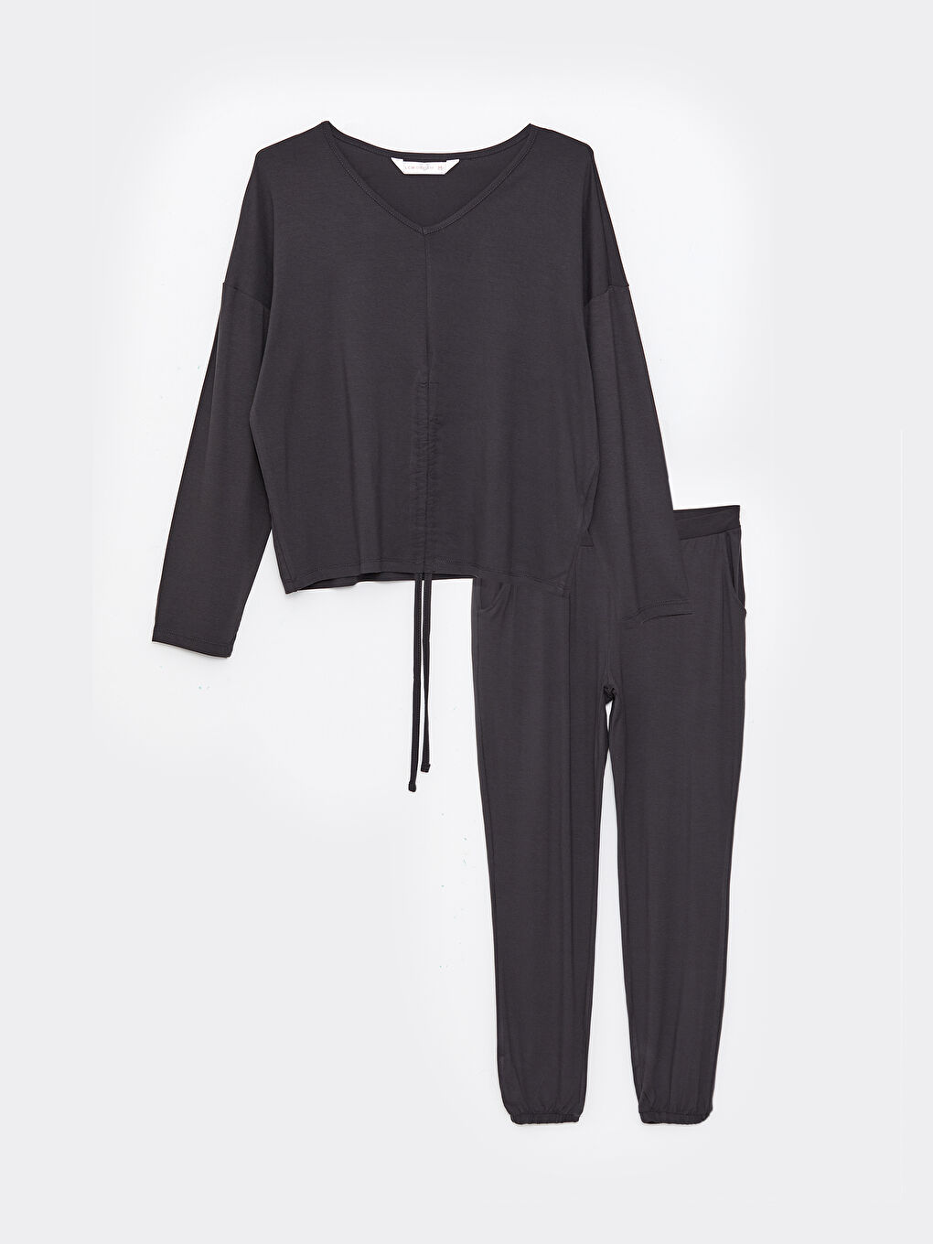 Antrasit V Yaka Düz Uzun Kollu Kadın Pijama Takımı-6