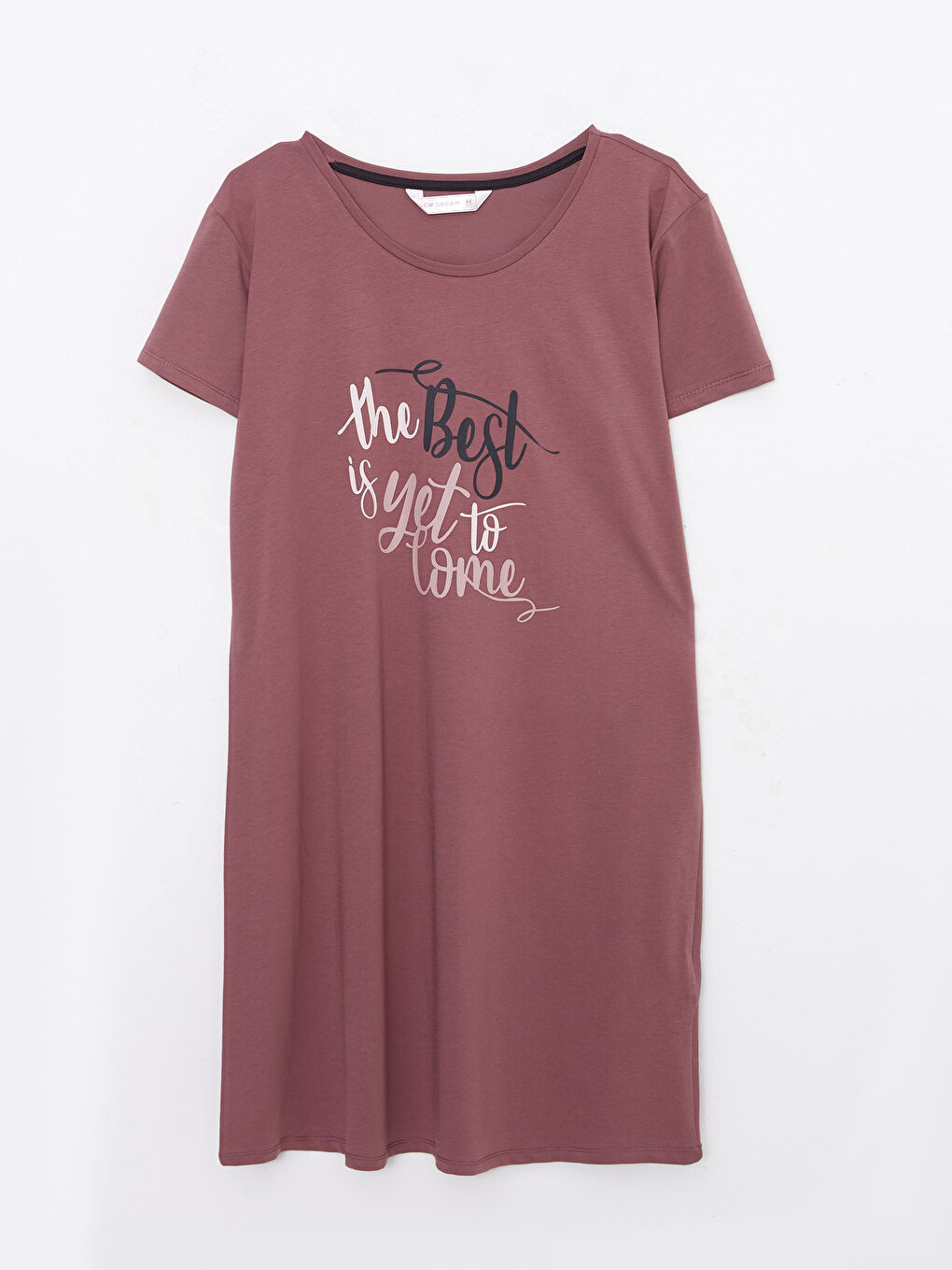 Pembe Bisiklet Yaka Baskılı Kısa Kollu Pamuklu Kadın Gecelik-4