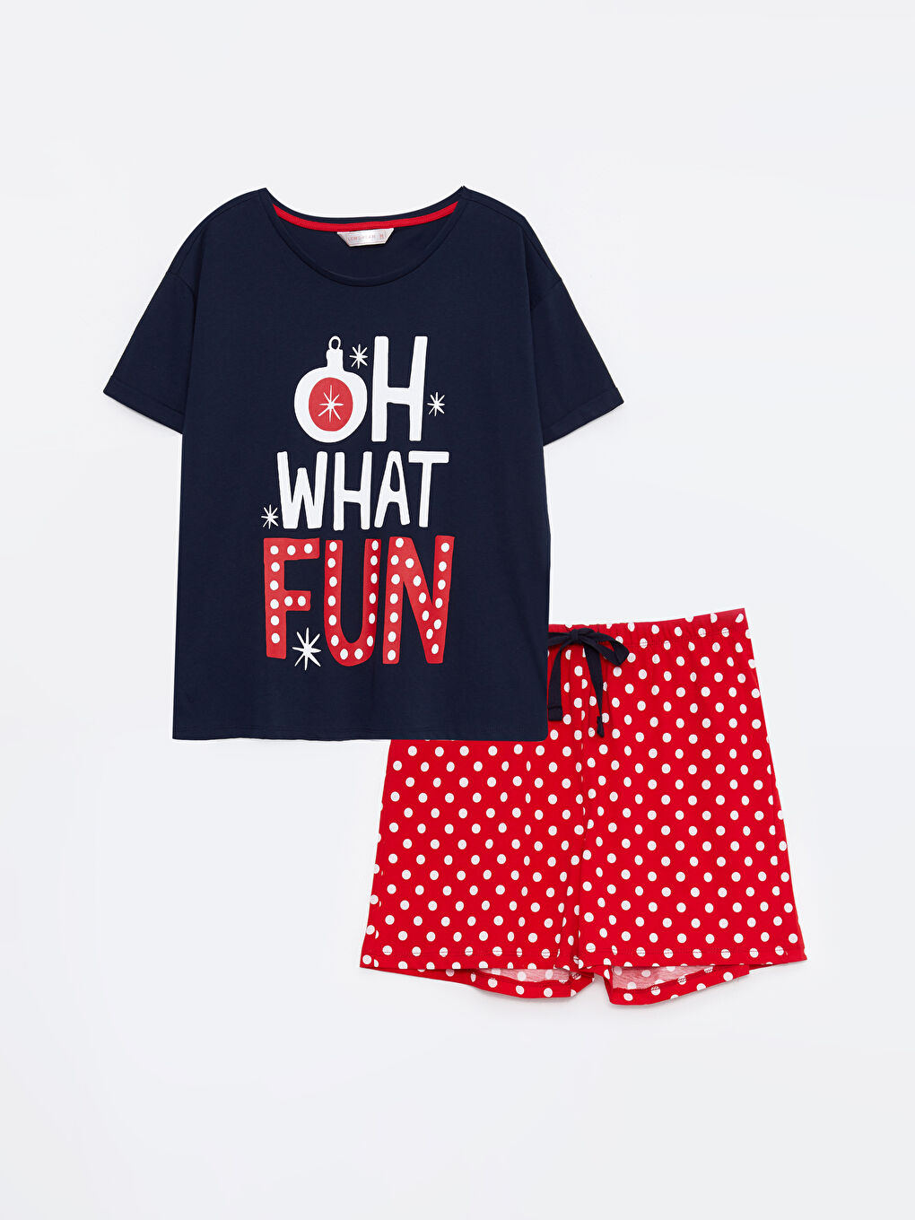 Kırmızı Bisiklet Yaka Yılbaşı Temalı Kısa Kollu Pamuklu Kadın Pijama Takımı-5