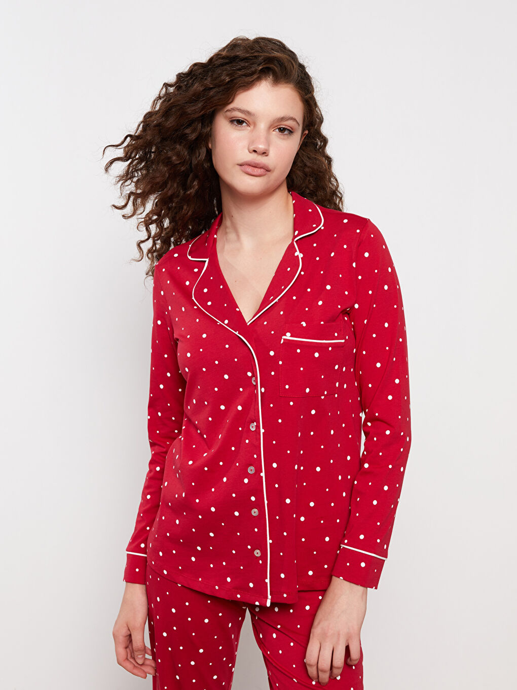 طقم بيجاما نسائي قطني بأكمام طويلة بنقشة رأس السنة و ياقة قميص-2