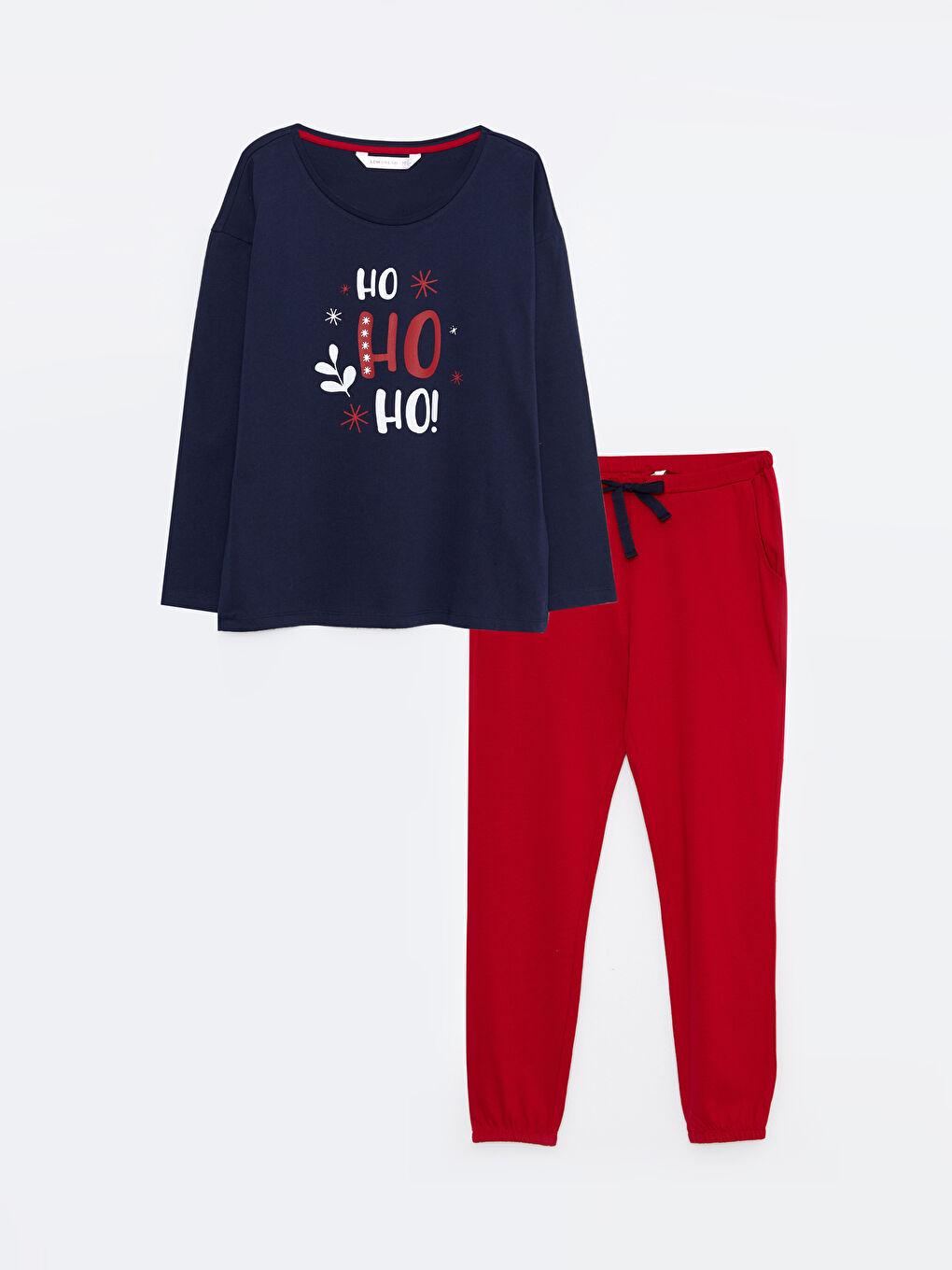 Kırmızı Bisiklet Yaka Yılbaşı Temalı Uzun Kollu Pamuklu Kadın Pijama Takımı-5