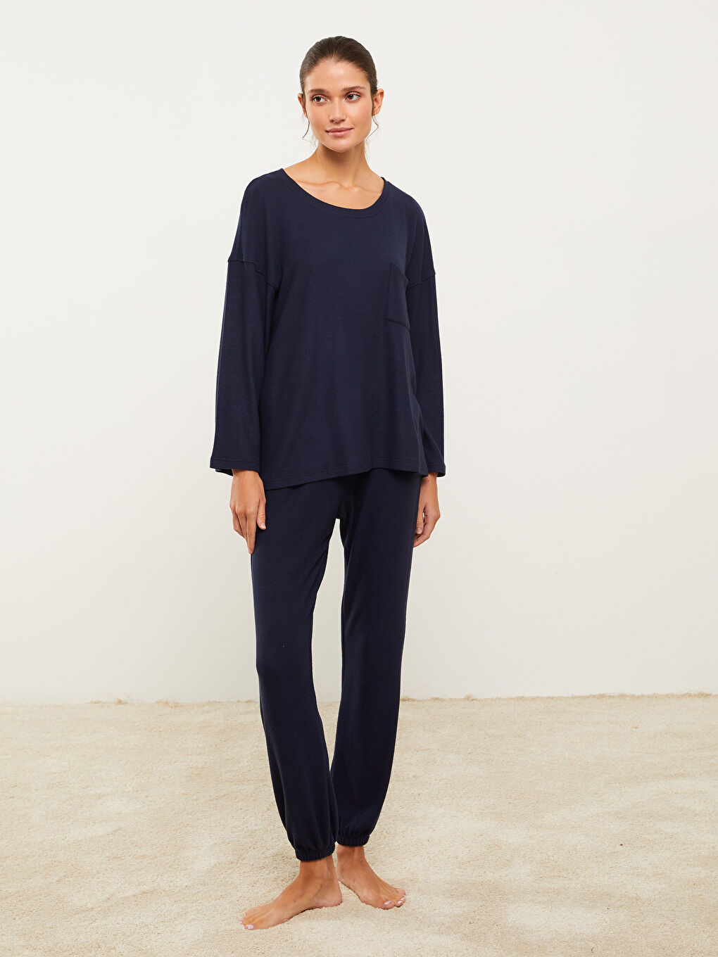 Lacivert Bisiklet Yaka Düz Uzun Kollu Kadın Pijama Takımı