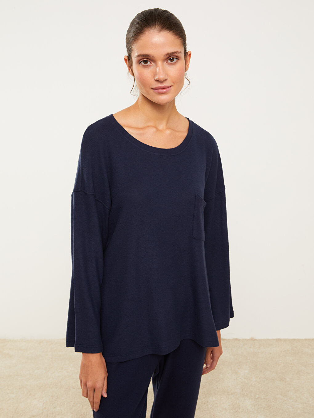 Lacivert Bisiklet Yaka Düz Uzun Kollu Kadın Pijama Takımı-1