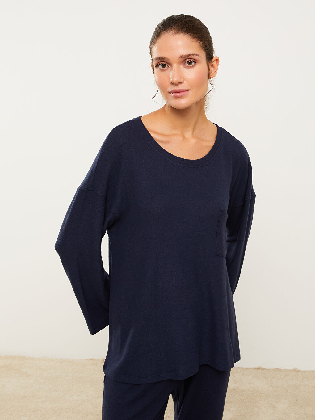 Lacivert Bisiklet Yaka Düz Uzun Kollu Kadın Pijama Takımı-2