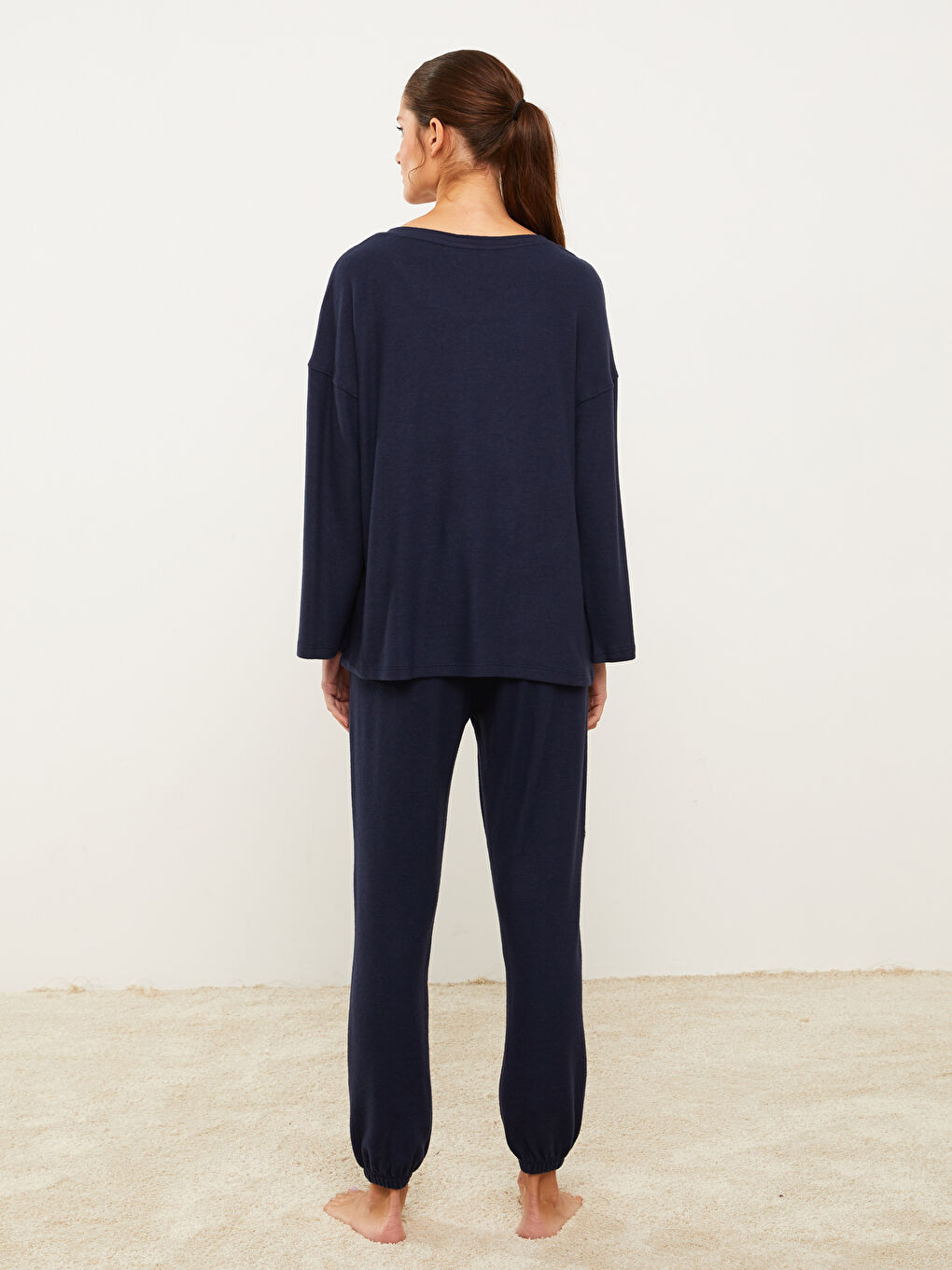 Lacivert Bisiklet Yaka Düz Uzun Kollu Kadın Pijama Takımı-3
