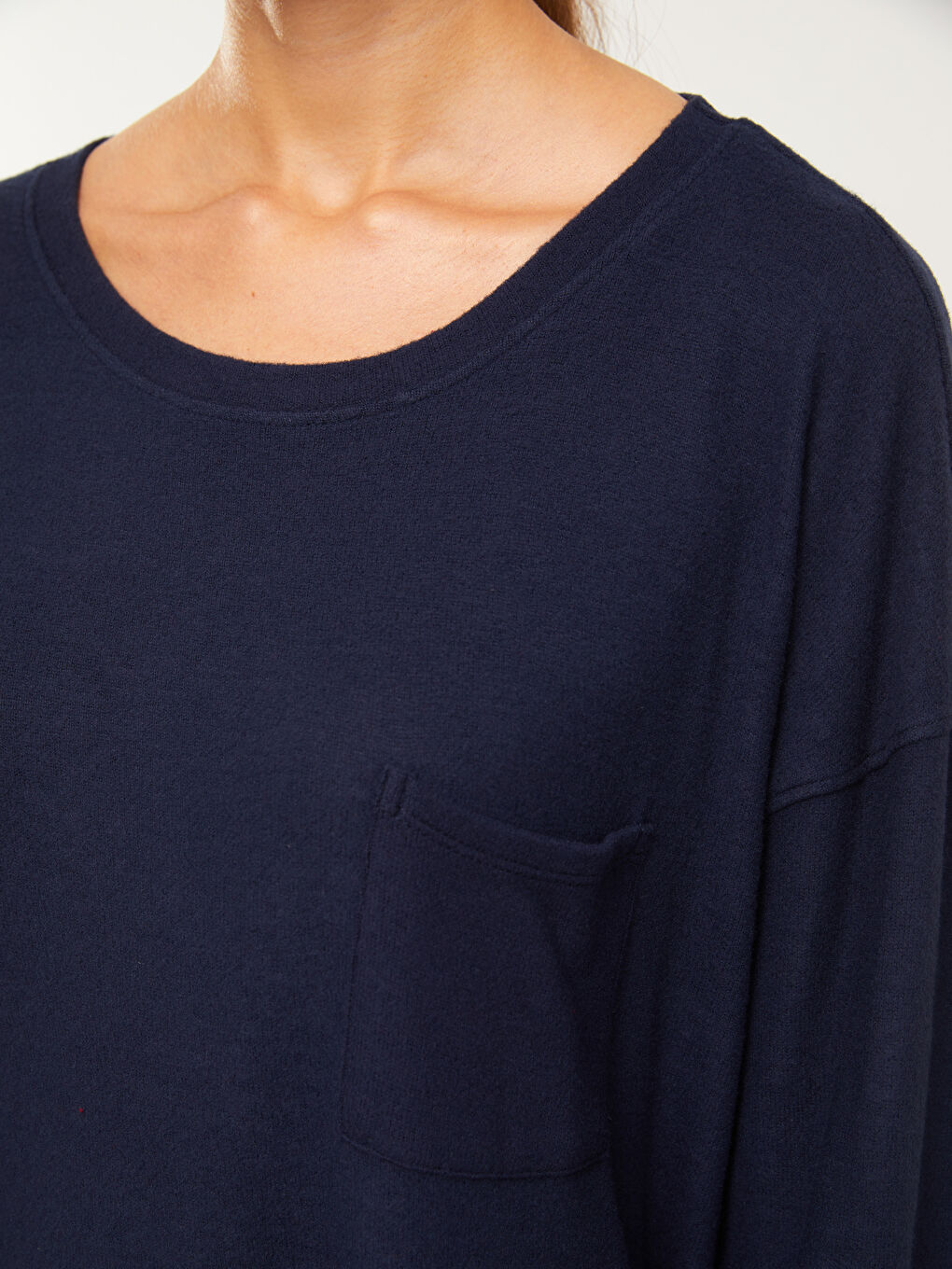 Lacivert Bisiklet Yaka Düz Uzun Kollu Kadın Pijama Takımı-4