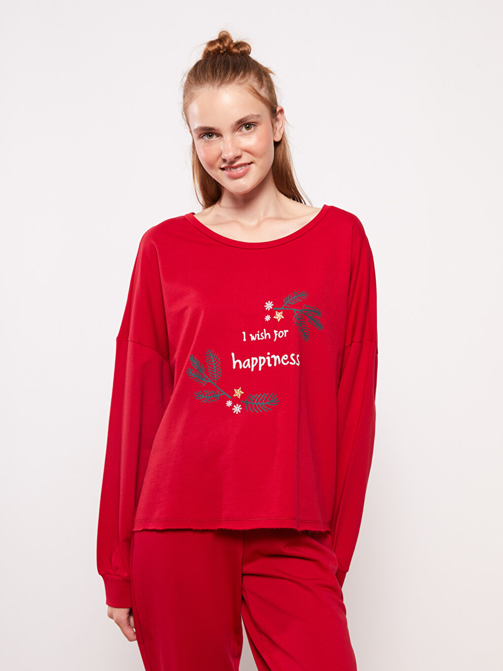 LCW DREAM Crew Neck New Year Themed Long Sleeve Cotton Women's Pajama Set -W2CT49Z8-HKP