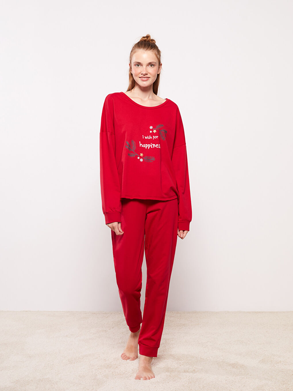 LCW DREAM Crew Neck New Year Themed Long Sleeve Cotton Women's Pajama Set -W2CT49Z8-HKP