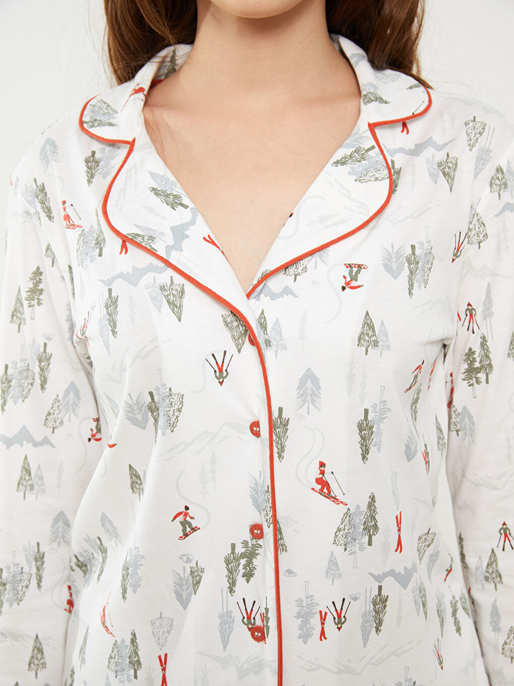 Ekru Gömlek Yaka Yılbaşı Temalı Uzun Kollu Kadın Pijama Takımı-3