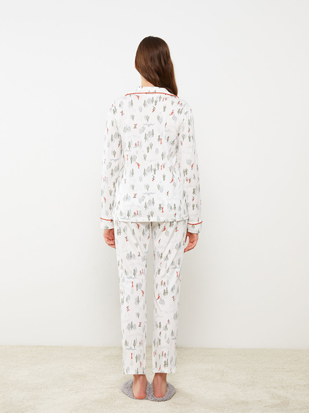 Ekru Gömlek Yaka Yılbaşı Temalı Uzun Kollu Kadın Pijama Takımı-4
