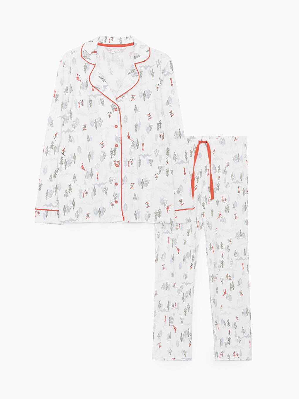 Ekru Gömlek Yaka Yılbaşı Temalı Uzun Kollu Kadın Pijama Takımı-5