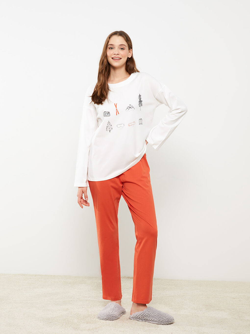 Turuncu Bisiklet Yaka Baskılı Uzun Kollu Kadın Pijama Takımı