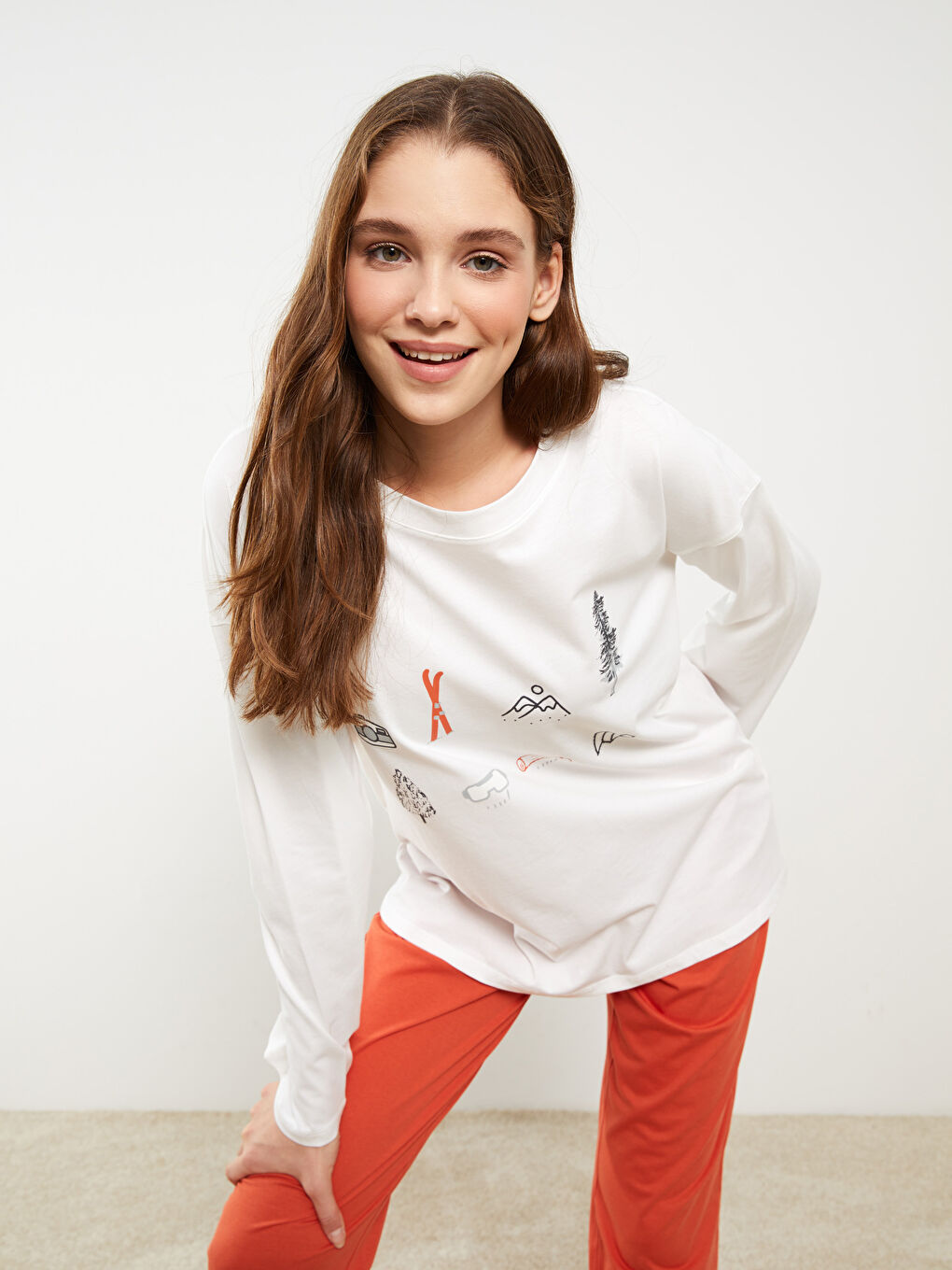 Turuncu Bisiklet Yaka Baskılı Uzun Kollu Kadın Pijama Takımı-1