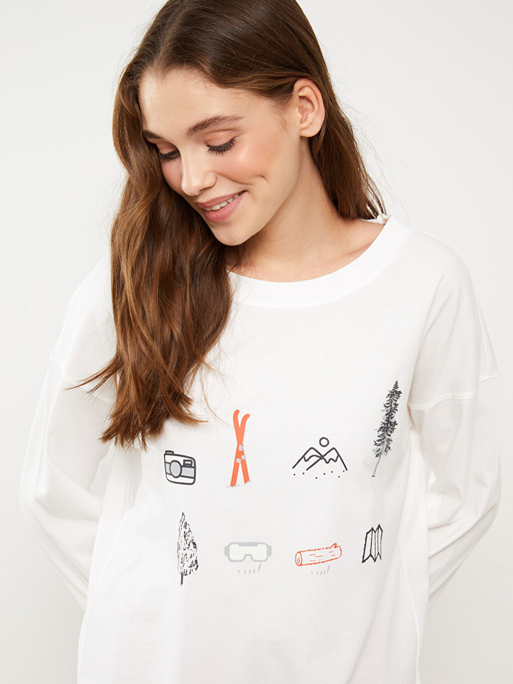 Turuncu Bisiklet Yaka Baskılı Uzun Kollu Kadın Pijama Takımı-2