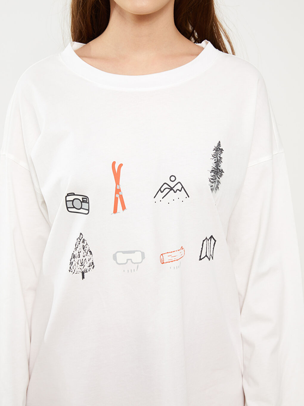 Turuncu Bisiklet Yaka Baskılı Uzun Kollu Kadın Pijama Takımı-3