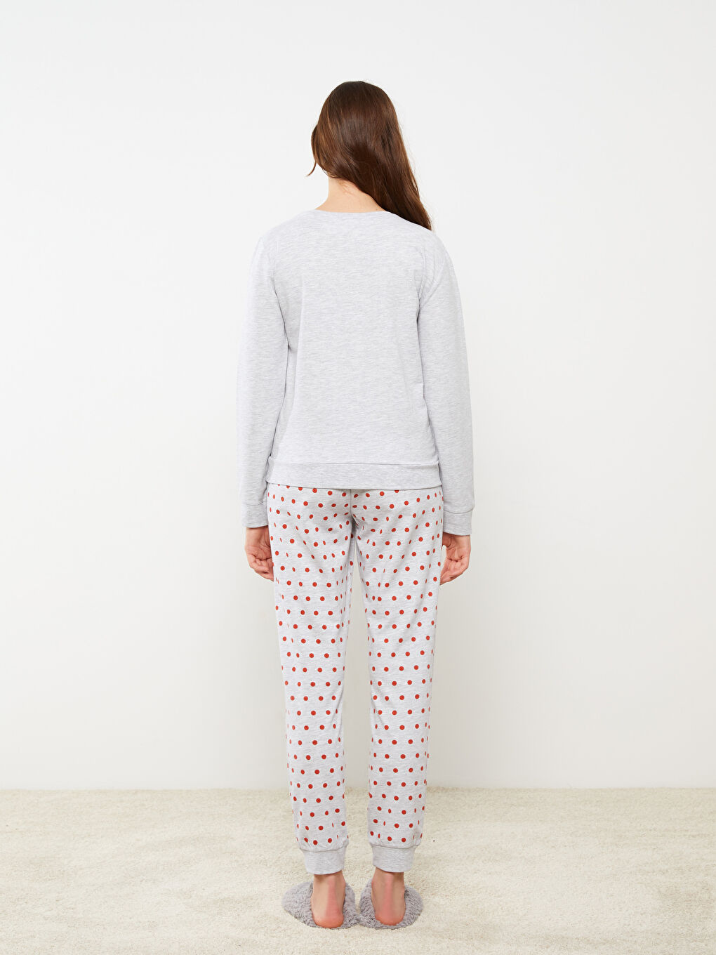 Gri Bisiklet Yaka Baskılı Uzun Kollu Kadın Pijama Takımı-4