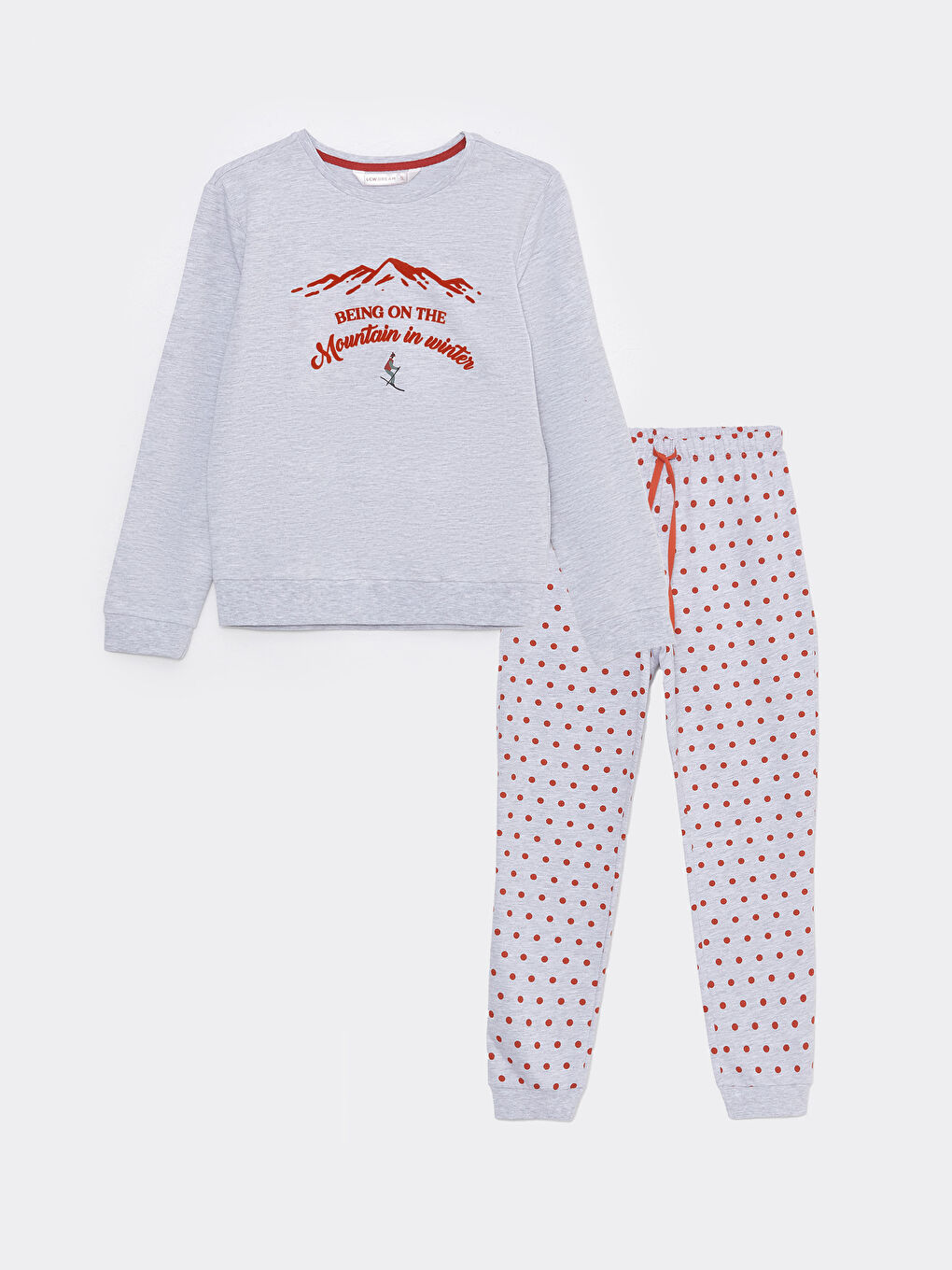 Gri Bisiklet Yaka Baskılı Uzun Kollu Kadın Pijama Takımı-5