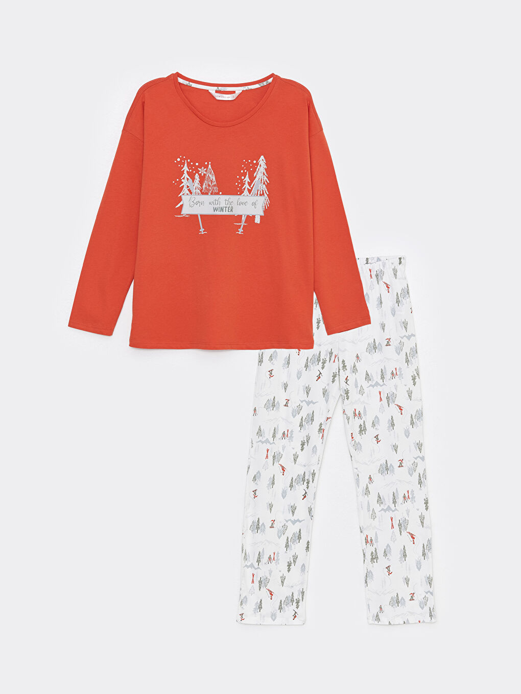 Ekru Bisiklet Yaka Yılbaşı Temalı Kadın Pijama Takımı-5