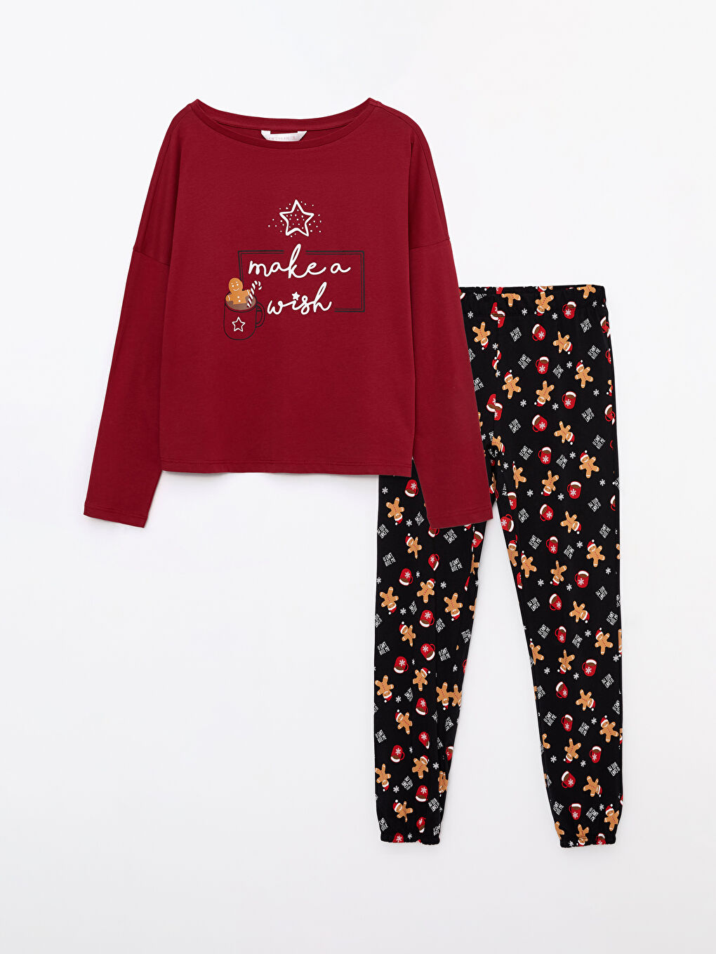 طقم بيجامة قطن كم طويل بياقة دائرية بطابع رأس السنة للسيدات-4