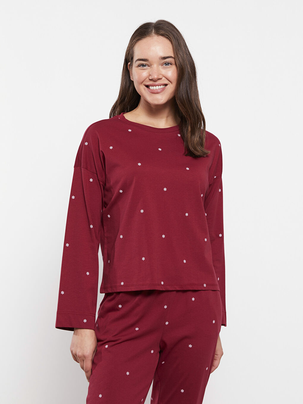 Bordo Bisiklet Yaka Yılbaşı Temalı Kadın Pijama Takımı-1