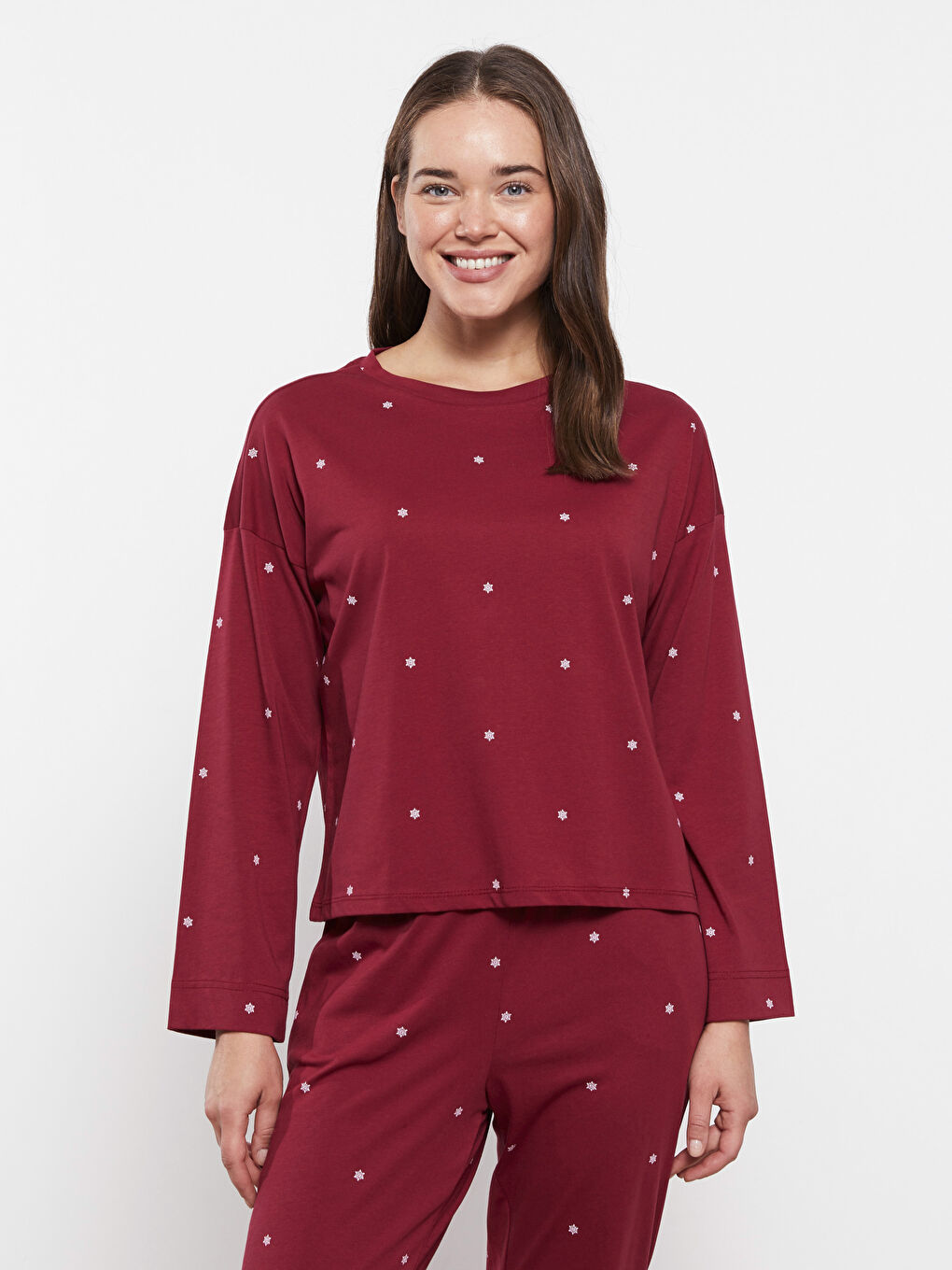 Bordo Bisiklet Yaka Yılbaşı Temalı Kadın Pijama Takımı-2