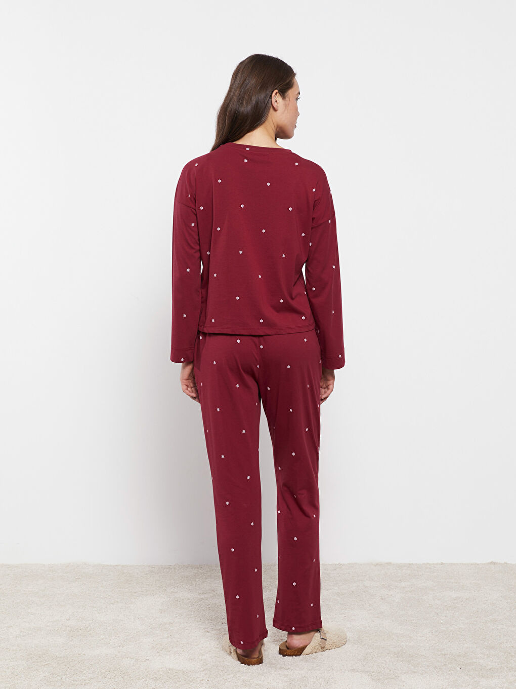 Bordo Bisiklet Yaka Yılbaşı Temalı Kadın Pijama Takımı-4