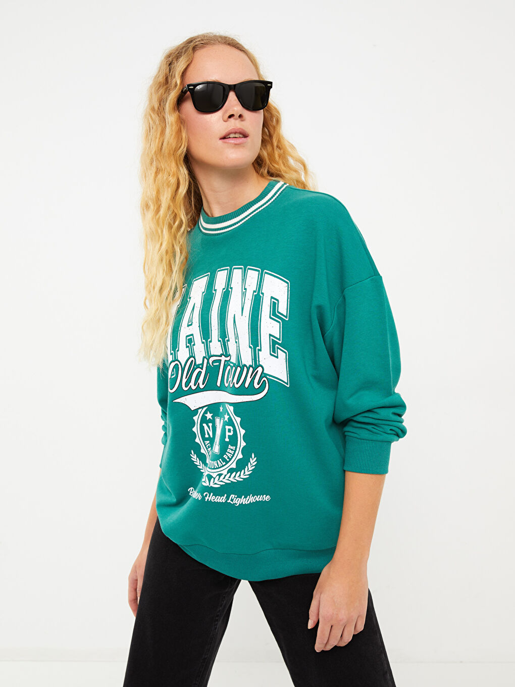 LCW Vision Orta Yeşil Bisiklet Yaka Baskılı Uzun Kollu Kadın Sweatshirt - 1