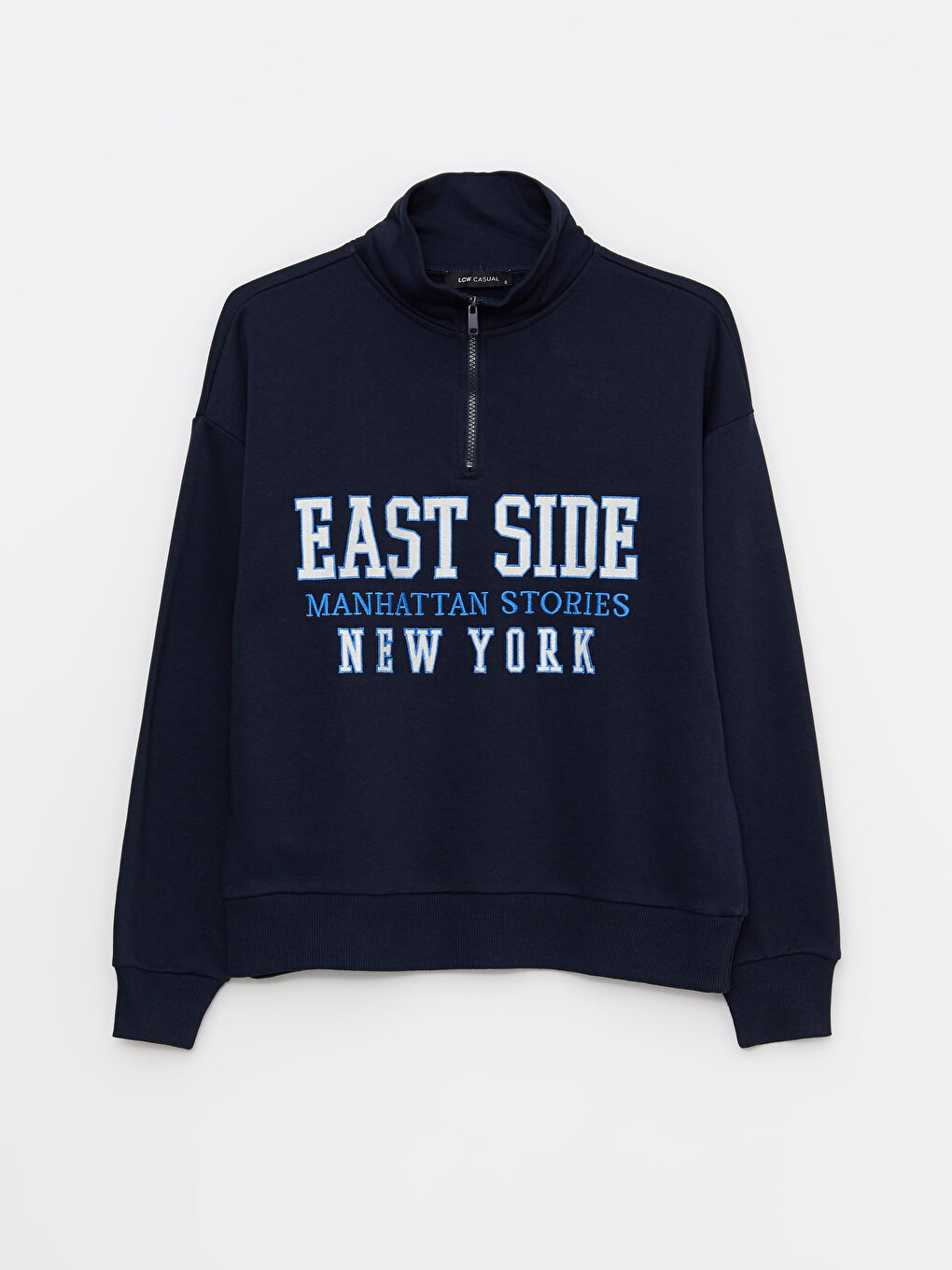 Lacivert Dik Yaka Baskılı Uzun Kollu Kadın Sweatshirt-5