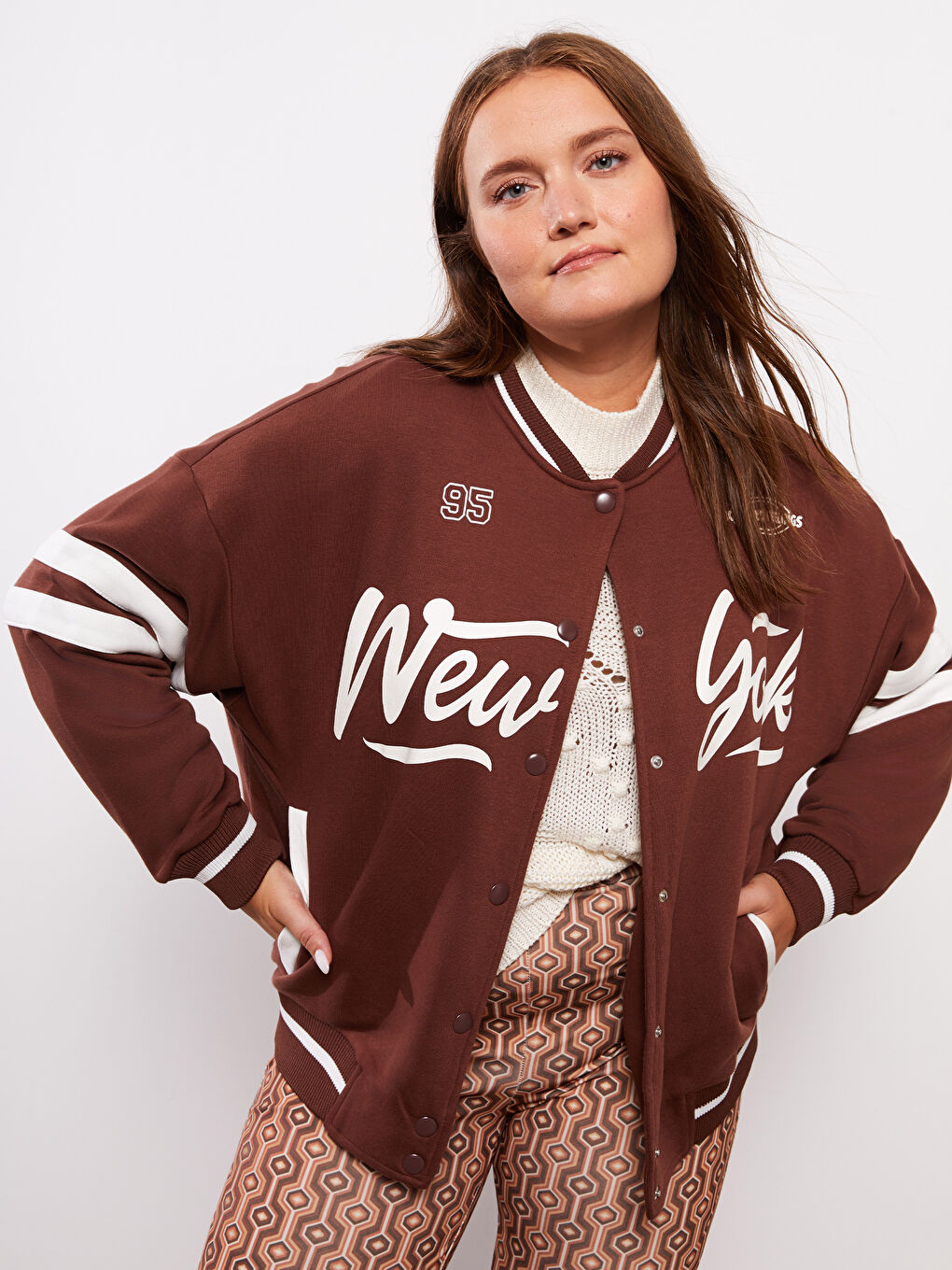 LCW Vision College Collar Printed Long Sleeve Women's Bomber Jacket -W2CT97Z8-HFD