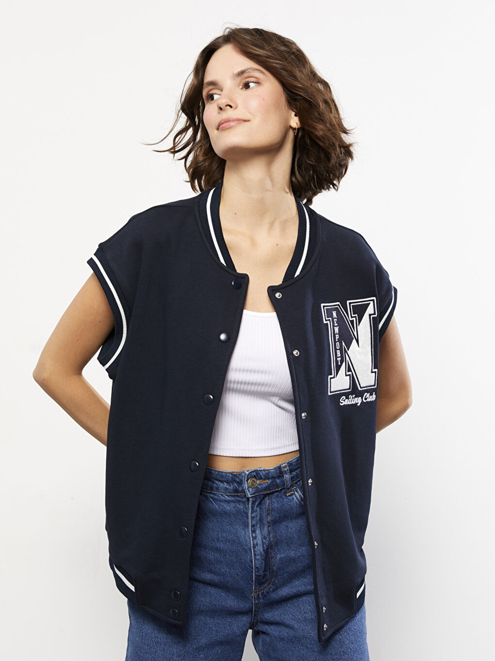 Lacivert Bisiklet Yaka Nakışlı Kadın Yelek-1