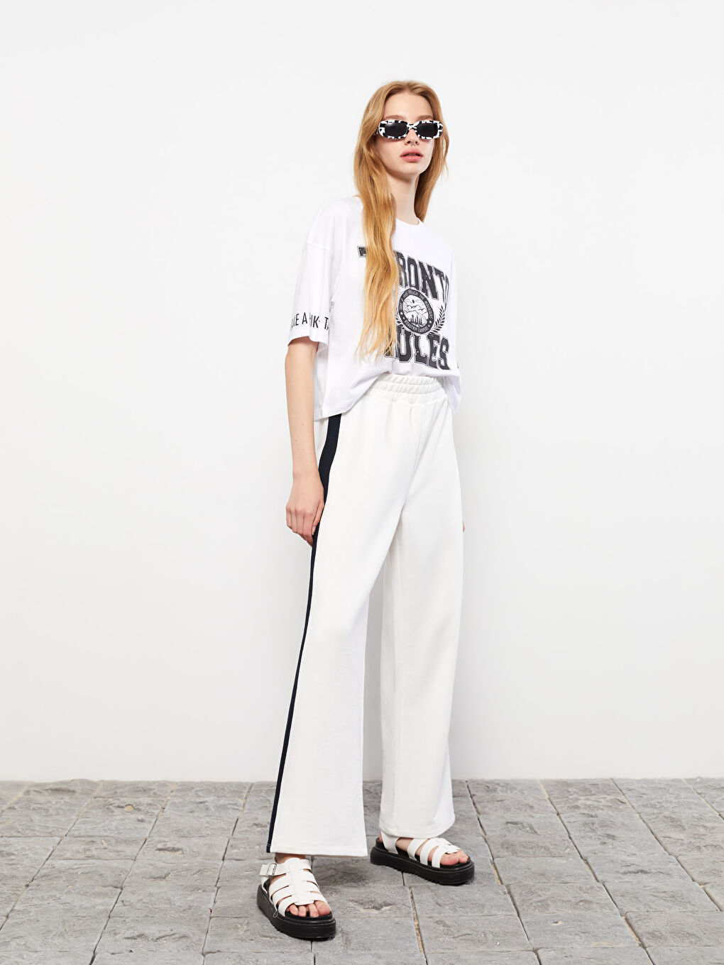 Ekru Beli Lastikli Renk Bloklu Kadın Eşofman Altı