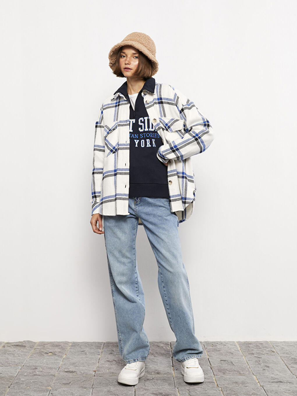 Mavi Gömlek Yaka Ekose Uzun Kollu Kadın Ceket