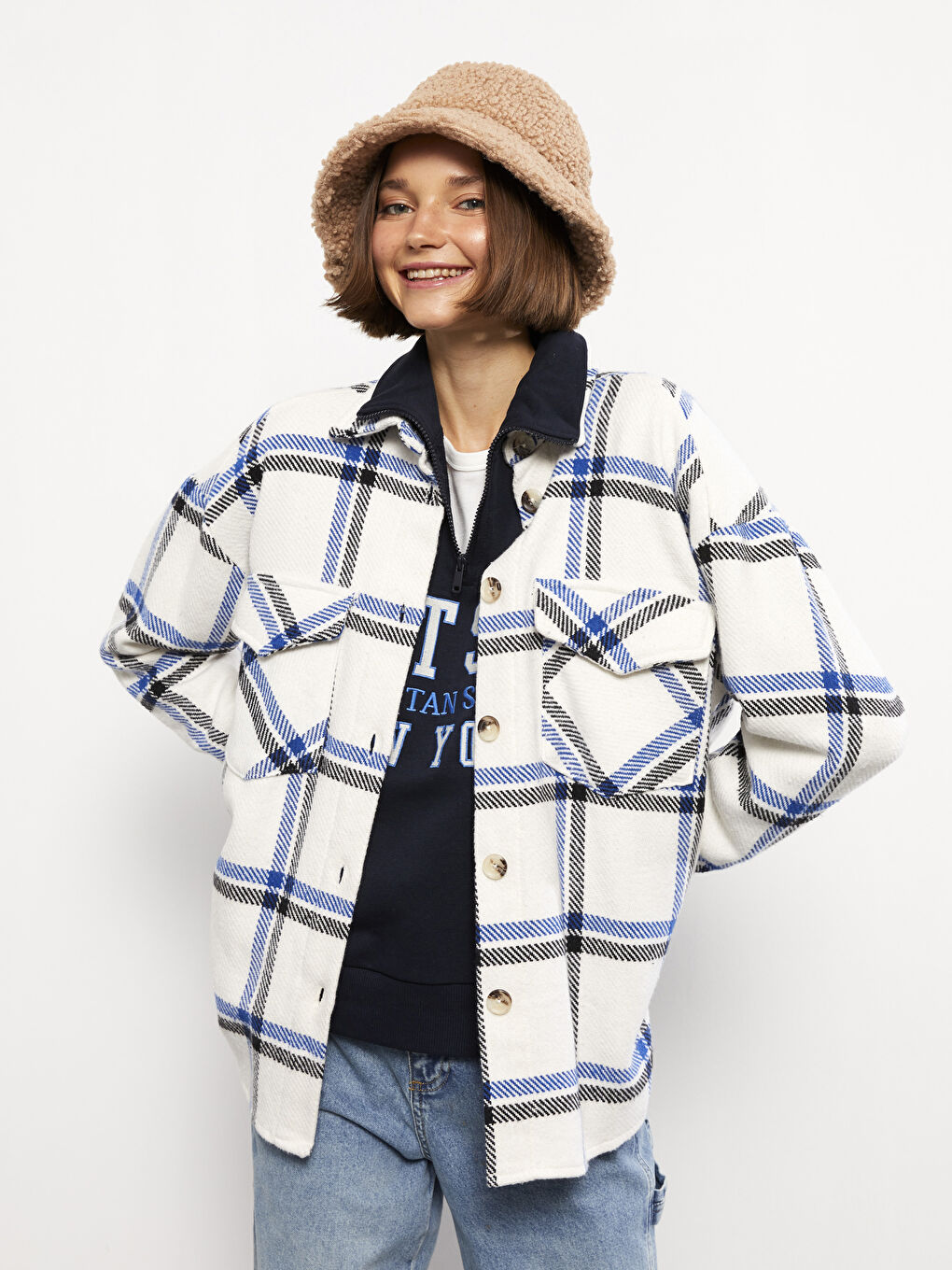 Mavi Gömlek Yaka Ekose Uzun Kollu Kadın Ceket-1