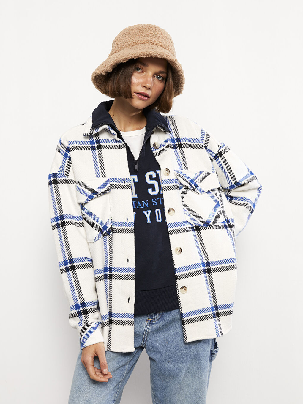 Mavi Gömlek Yaka Ekose Uzun Kollu Kadın Ceket-2