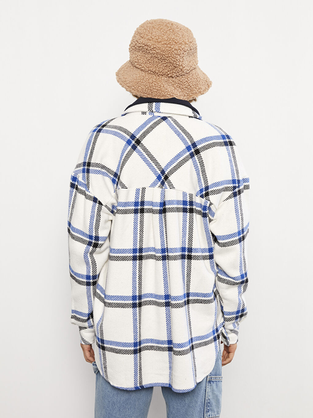 Mavi Gömlek Yaka Ekose Uzun Kollu Kadın Ceket-4