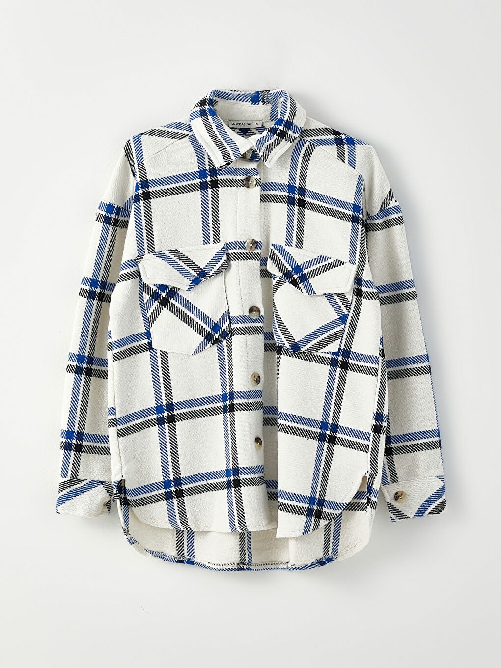 Mavi Gömlek Yaka Ekose Uzun Kollu Kadın Ceket-5