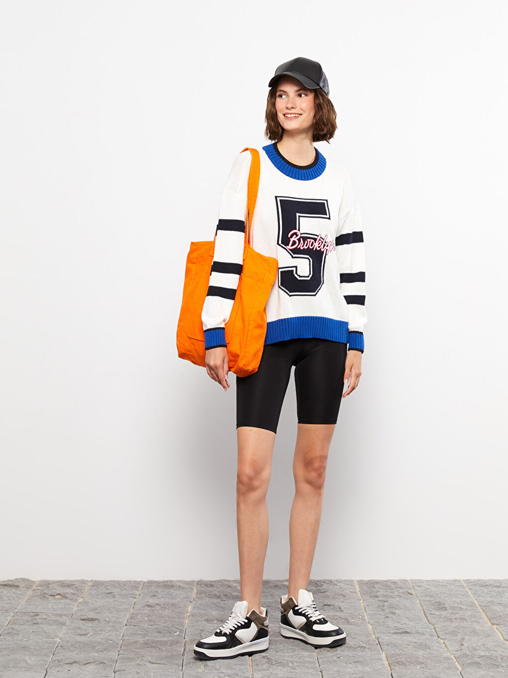 Ekru Bisiklet Yaka Desenli Uzun Kollu Kadın Triko Kazak