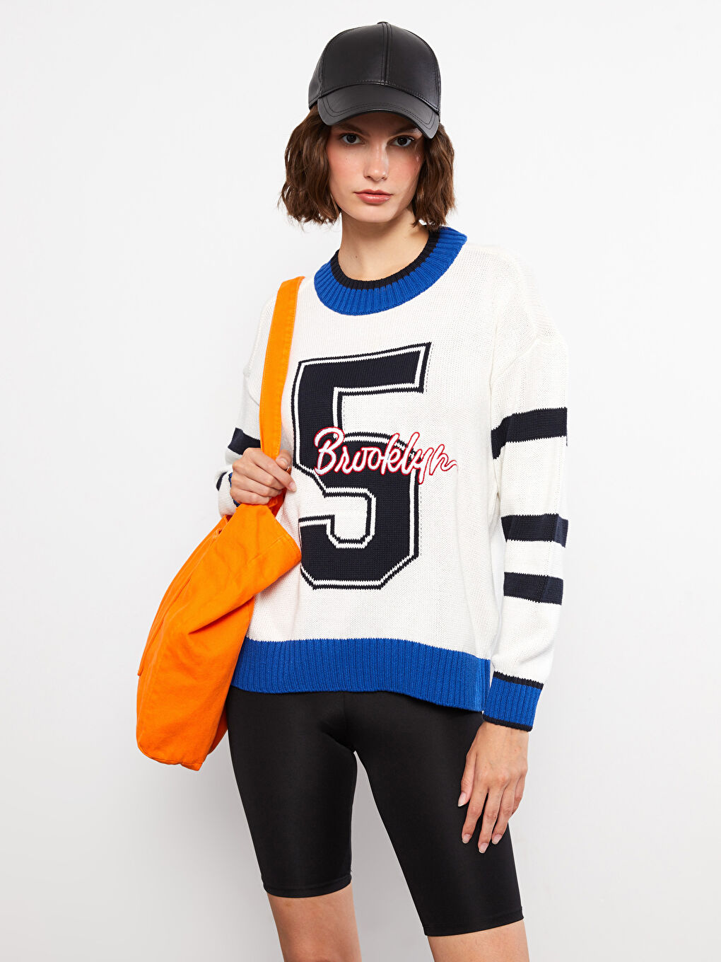 Ekru Bisiklet Yaka Desenli Uzun Kollu Kadın Triko Kazak-2