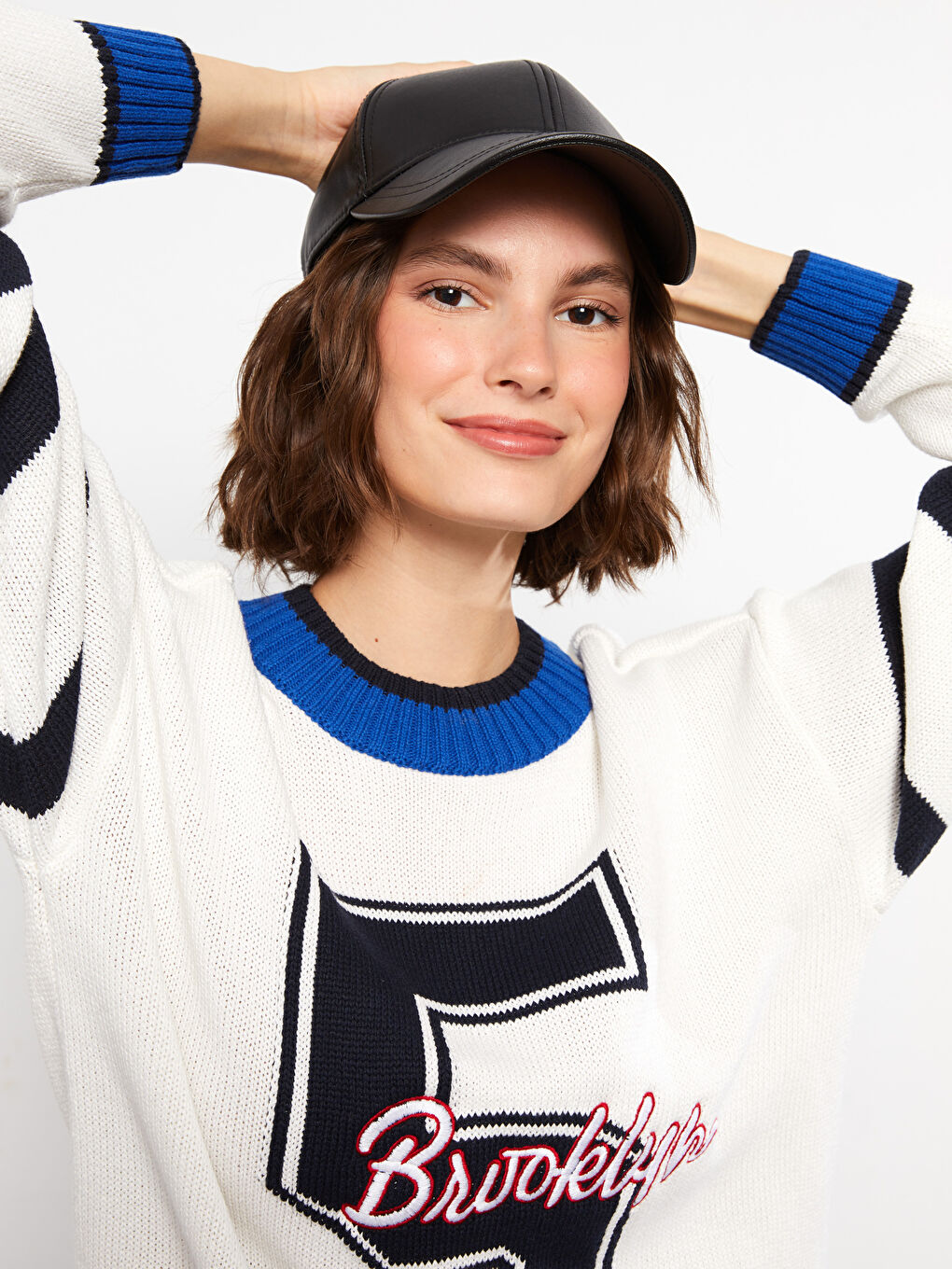 Ekru Bisiklet Yaka Desenli Uzun Kollu Kadın Triko Kazak-3