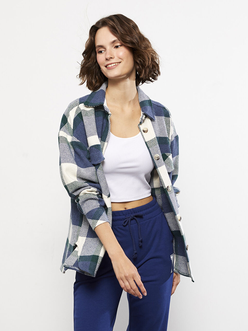 Lacivert Ekose Uzun Kollu Kadın Gömlek Ceket-4